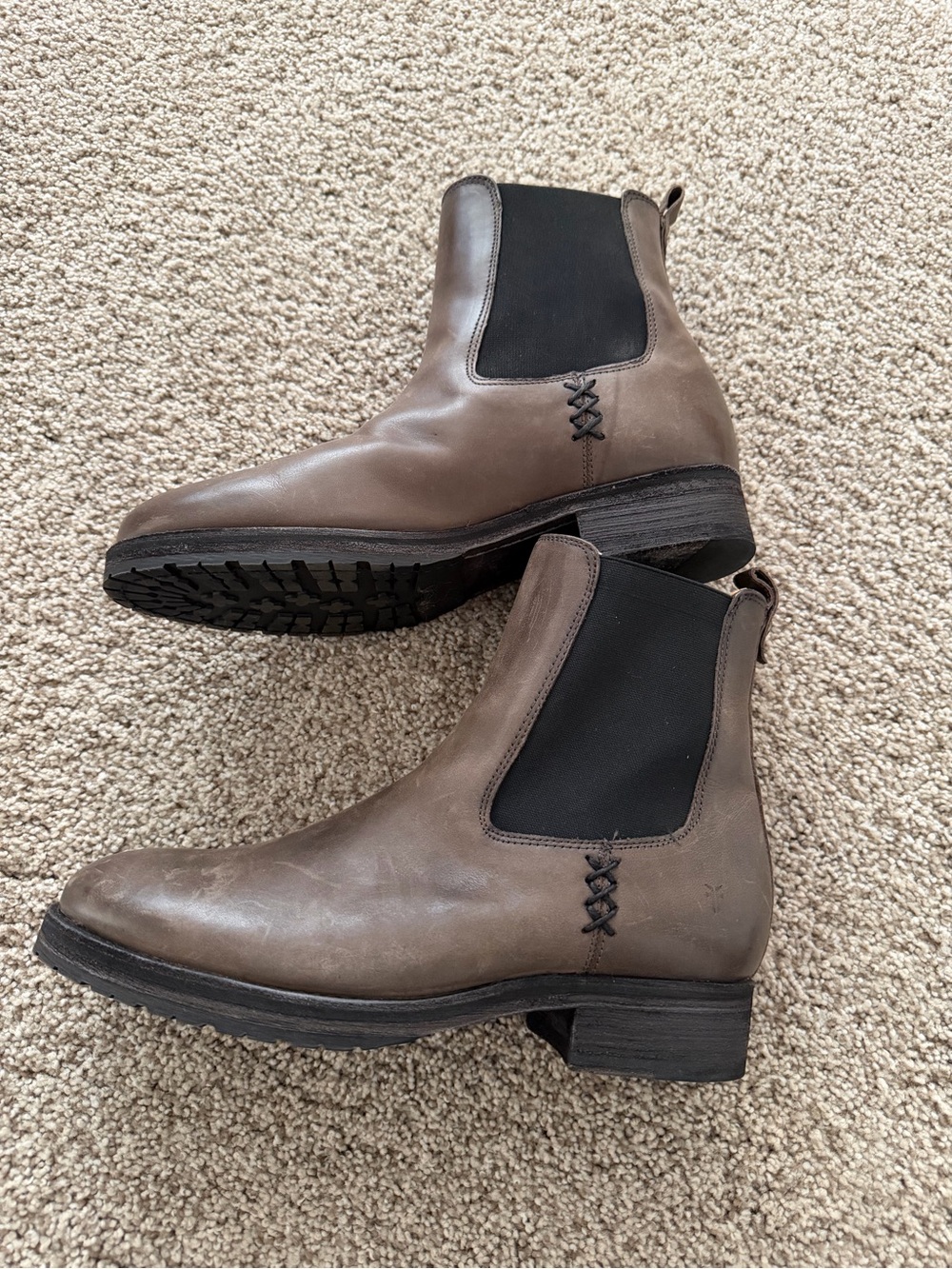 Frye Taupe Brown Leather Chelsea Boots with Black Elastic Panels
